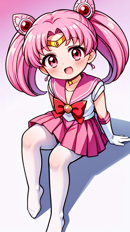 sailor moon，childhood，Young，Seven ，Cute little loli，Pink hair twintails，red eyes，short hair，Sailor suit，bow tie，White elbow gloves，red skirt，sitting，no shoes，Open your mouth，laughing out loud，white pantyhose