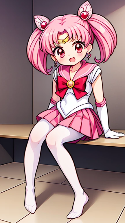 sailor moon,childhood,Young,Seven years old,Cute little loli,Pink hair twintails,red eyes,short hair,Sailor suit,bow tie,White elbow gloves,red skirt,sitting,no shoes,Open your mouth,laughing out loud,white pantyhose