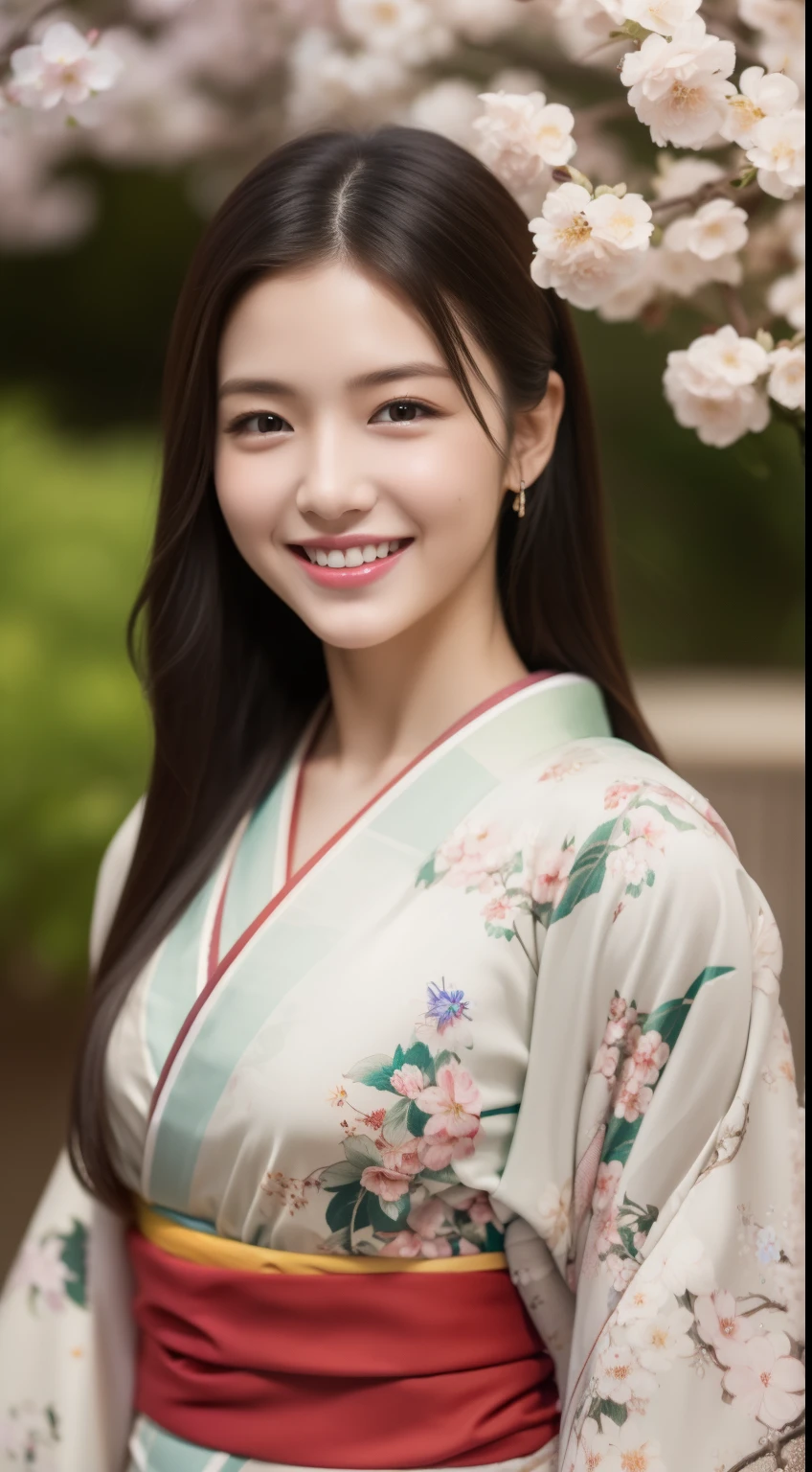 ulzzang-6500-v1.1,(masterpiece, highest quality:1.3), (Ultra-detailed 8K:1.2), (hyperrealistic:1.35),(Raw photo:1.2),highest quality, High resolution, wallpaper, realistic 
BREAK 
1girl, 20 yo, charming face of hostess, beautiful skin, beautiful eyes, detailed face, super delicate face, delicate eyes, (Floral Japan kimono:1.3)、healthy、Smiling expression、Slender perfect figure、Japan Beauties、 perfect eyes beautiful skin、The upper part of the body、cherry blossom
