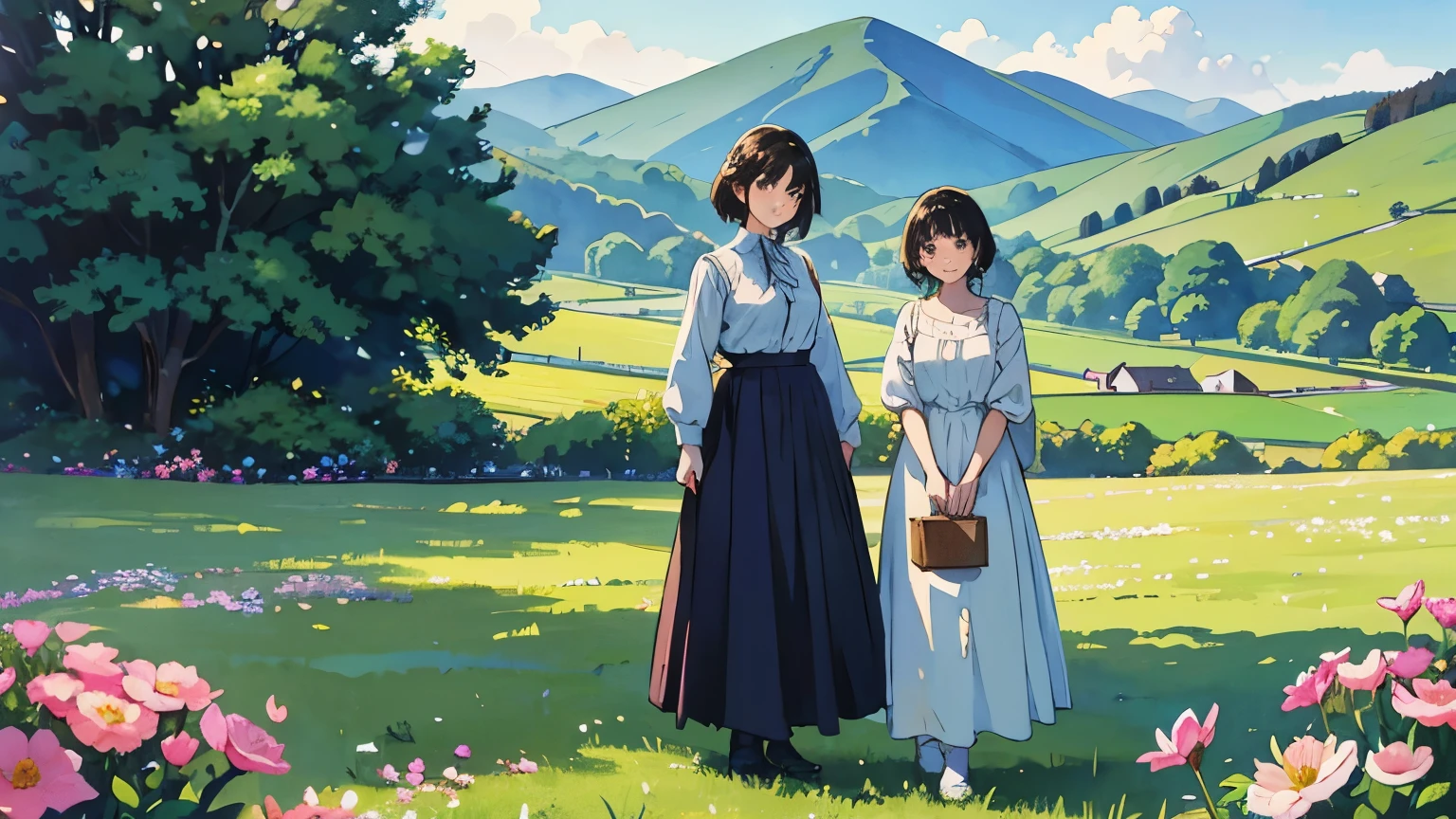 (highest quality、masterpiece、High resolution)、(Sargent style watercolor)、(anime art)、soft light、Views of the Cotswolds、old farmhouse、flowers bloom、((two women、everyone is standing))、(Detailed depiction of a beautiful face)、smile gently、medium short hair、dark brown hair、braided hair、White blouse and long skirt、picnic、cinematic light、soft sunlight、lake、Beautiful mountain range in the background、blur the background、