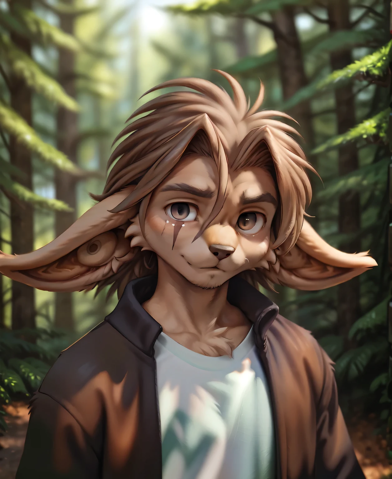 by kenket, by totesfleisch8, (by thebigslick, by silverfox5213:0.8), (by syuro:0.2),, alaric-twokinds, twokinds, (best quality, masterpiece:1), solo, furry male anthro, long ears, grey eyes, eye scar, Brown hair, medium hair,tail, portrait, looking at viewer, (outdoors dark forest trees blurry blurred background:1.1), 