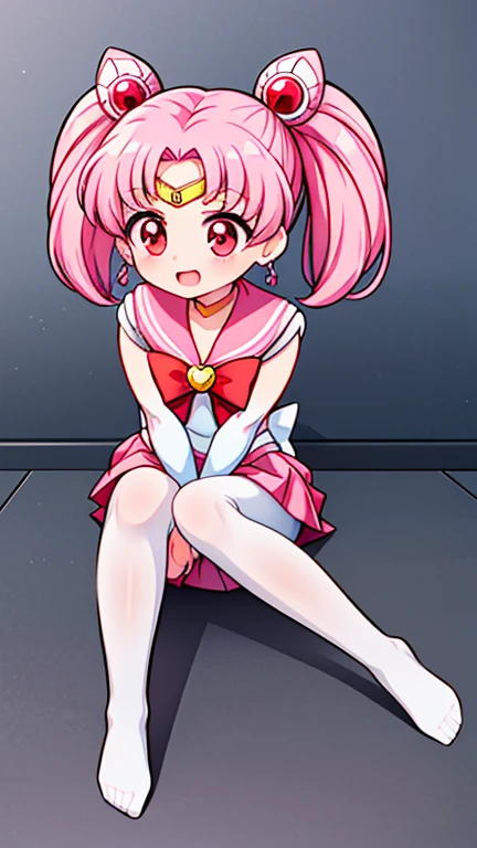 sailor moon,childhood,Young,Seven years old,Cute little loli,Pink hair twintails,red eyes,short hair,Sailor suit,bow tie,White elbow gloves,red skirt,sitting,no shoes,Open your mouth,laughing out loud,white pantyhose