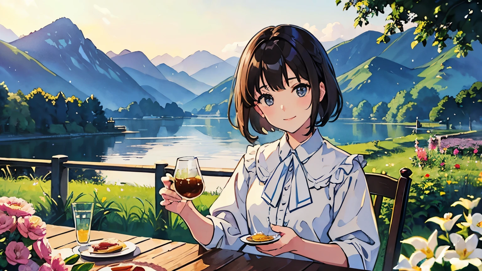 anegasaki nene、Shiny brown hair, short hair, (Beautiful brown eyes、Sparkling eyes, Fine grain)、smile、超detailedな目、非常にdetailedな顔, 非常にdetailedな目,
Highest quality, masterpiece, anime, , Beautiful Eyes, young, Expressive Face, kimono, Retro, Fuji Mountain、Wind景, Outdoor, sunset, Beautiful sky, Picnic at the lake, scenery, horizon, Mountain sitting near the mountain, Wind, petal, spring, avert your eyes, Atmospheric lighting, reflection, Naturalistic, detailed, realism. relaxation, beauty, Focus Only, close, From the side, Written boundary depth, Bokeh