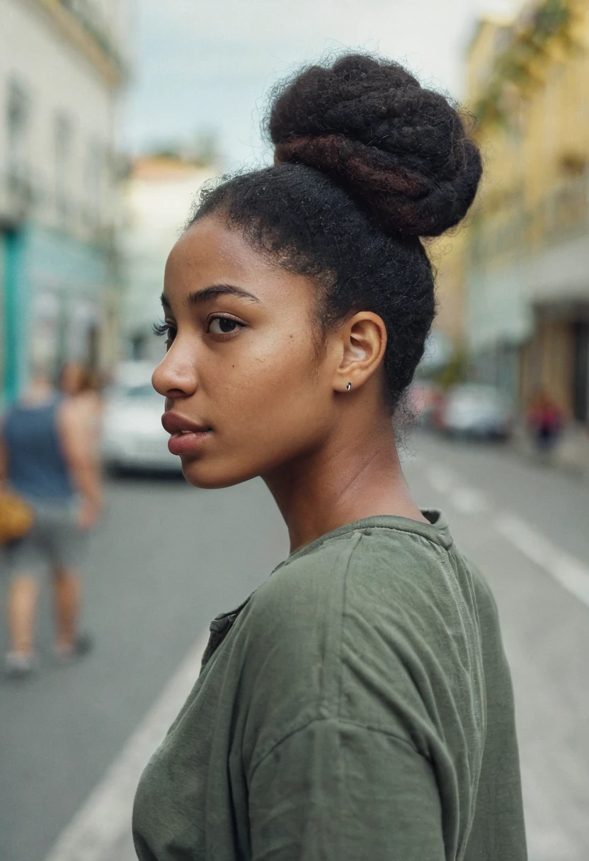 mid-shot photo of a cute 22 y.o black sexy woman, brazilian, afro hair bun, looking away, thick lips, natural detailed skin (skin pores:0.8), natural detailed hair, (skin moles:0.3). Wearing casual clothes, walking on streets. Natural light, cold colors, (film grain:1.0)
