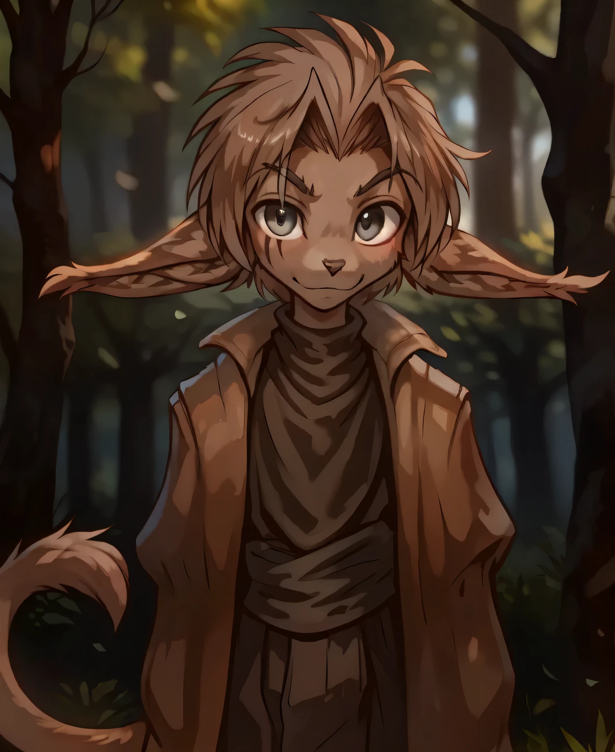 by kenket, by totesfleisch8, (by thebigslick, by silverfox5213:0.8), (by syuro:0.2),, alaric-twokinds, twokinds, (best quality, masterpiece:1), solo, furry male anthro, long ears, grey eyes, eye scar, Brown hair, medium hair,tail, portrait, looking at viewer, (outdoors dark forest trees blurry blurred background:1.1), 