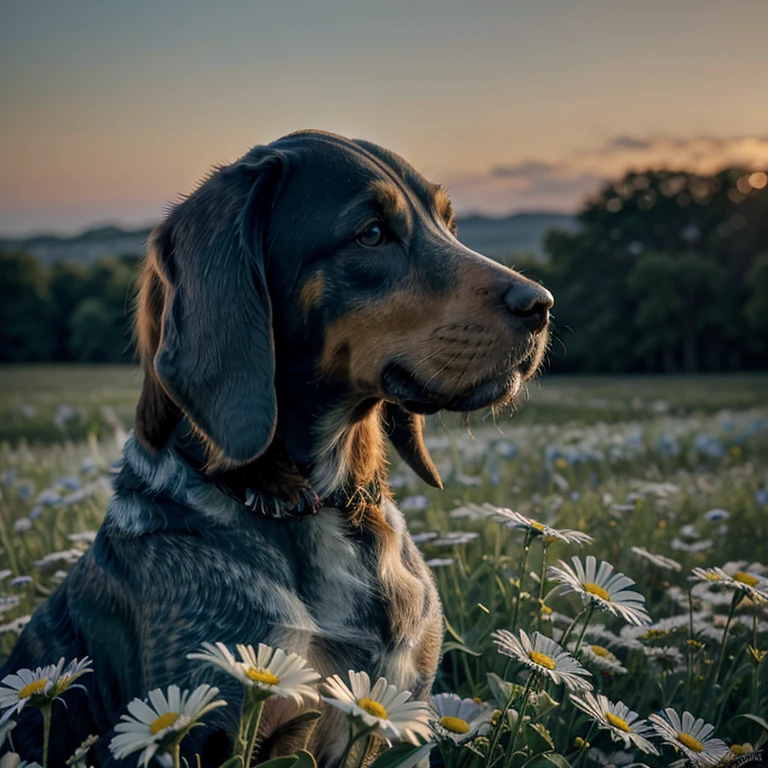 (a blue tick hound:1.1),howling in a field of american daisies,illustration,[oil painting:1.1],(best quality:1.2),vivid colors,ultra-detailed,sharp focus,studio lighting,portraits,blue color tones,graceful pose,dense flowers,breezy atmosphere