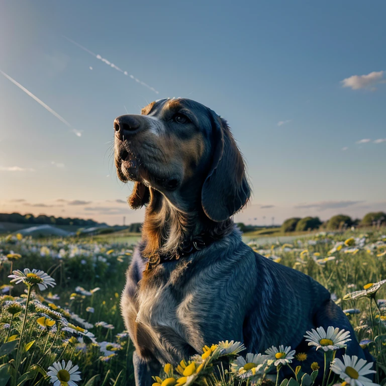 (a blue tick hound:1.1),howling in a field of american daisies,illustration,[oil painting:1.1],(best quality:1.2),vivid colors,ultra-detailed,sharp focus,studio lighting,portraits,blue color tones,graceful pose,dense flowers,breezy atmosphere