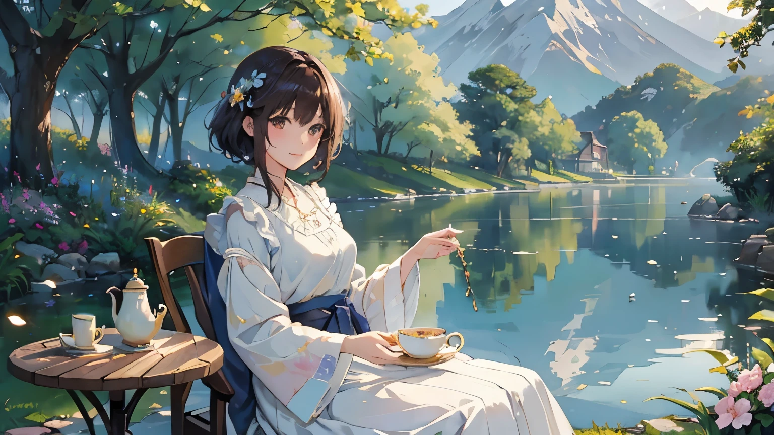 ((highest quality、masterpiece、High resolution))、(Sargent style watercolor)、(anime art)、soft light、Cotswold scenery、old farmhouse、stream、flowers bloom、(5 women)、medium short hair、dark brown hair、braided hair、(Detailed depiction of a beautiful face)、smile gently、White blouse and long skirt、picnic、table、Tea set、drink tea、cinematic light、soft sunlight、lake、Beautiful mountain range in the background、blur the background、