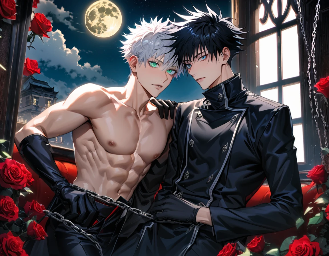 Ultra detailed, Highres, absurdres, HDR, white hair with bangs, Gojou Satoru, blue eyes, black gloves, Fushiguro Megumi, black hair, green eyes, black long coat, bare chest, prince cool clothes, 2 man together, gay couple, moon, window, roses, handsome, jujutsu kaisen, chains