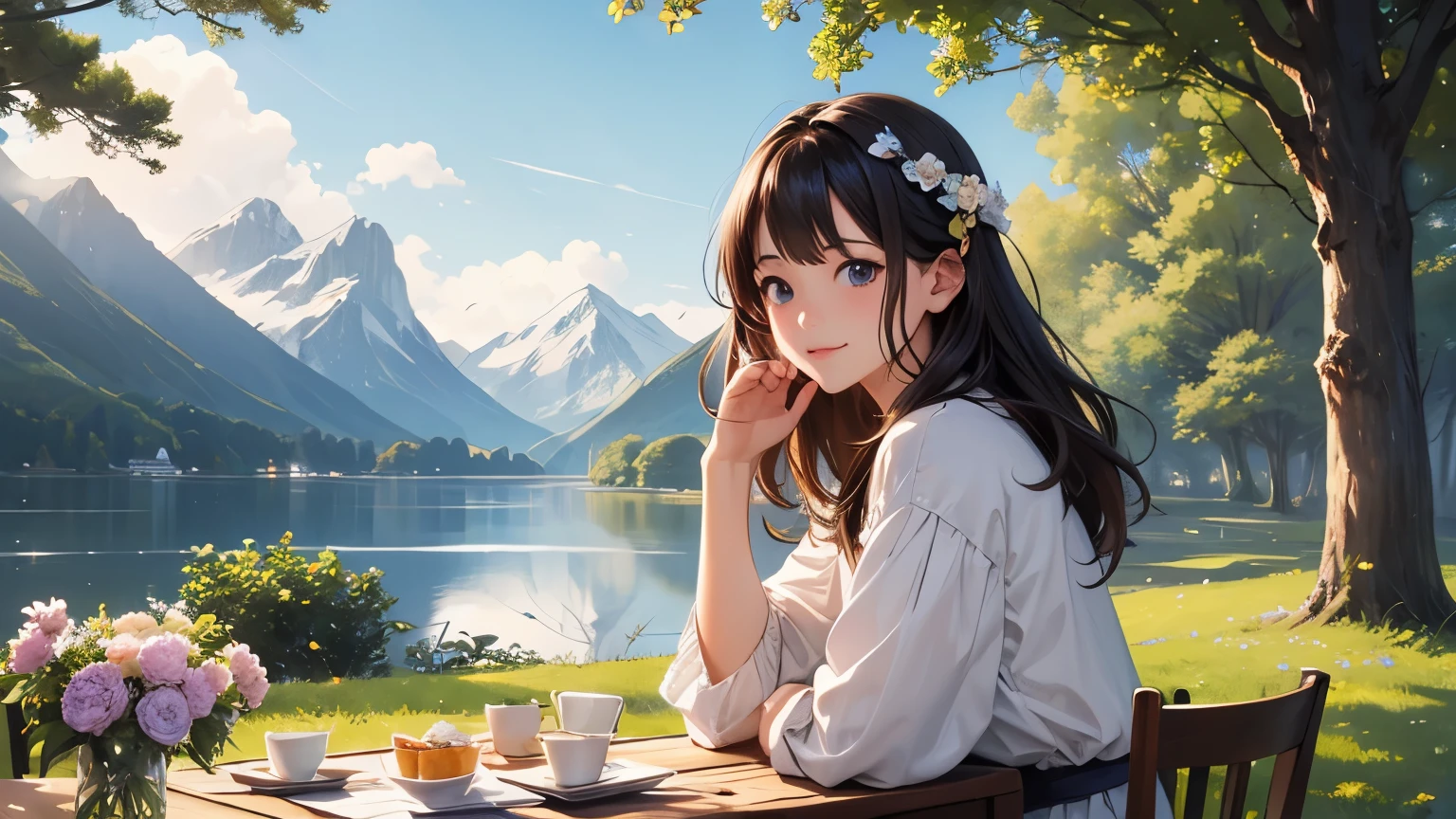 ((highest quality、masterpiece、High resolution))、(Sargent style watercolor)、(anime art)、soft light、Cotswold scenery、old farmhouse、stream、flowers bloom、(two women)、medium short hair、dark brown hair、braided hair、(Detailed depiction of a beautiful face)、smile gently、White blouse and long skirt、picnic、table、Tea set、drink tea、cinematic light、soft sunlight、lake、Beautiful mountain range in the background、blur the background、