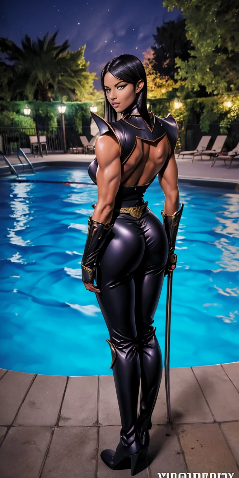 full body, breastplate, looking at viewer, shiny, armor, thigh highs, high boots, shoulder armor, faulds, poleyn, gloves, gauntlets, (((1 girl))), medium to large breasts, a beautiful and cute lady, standing, (((in the pool at night))), (big muscular ass), {{{wearing armor }}} (thin waist), (incredibly beautiful full body photo, standing, (((bright eyes))), good anatomy, perfect hand muscular legs))), thin waist, muscular abdomen, wearing black high heel shoes, (((with her back to me showing her big shapely ass to me)))