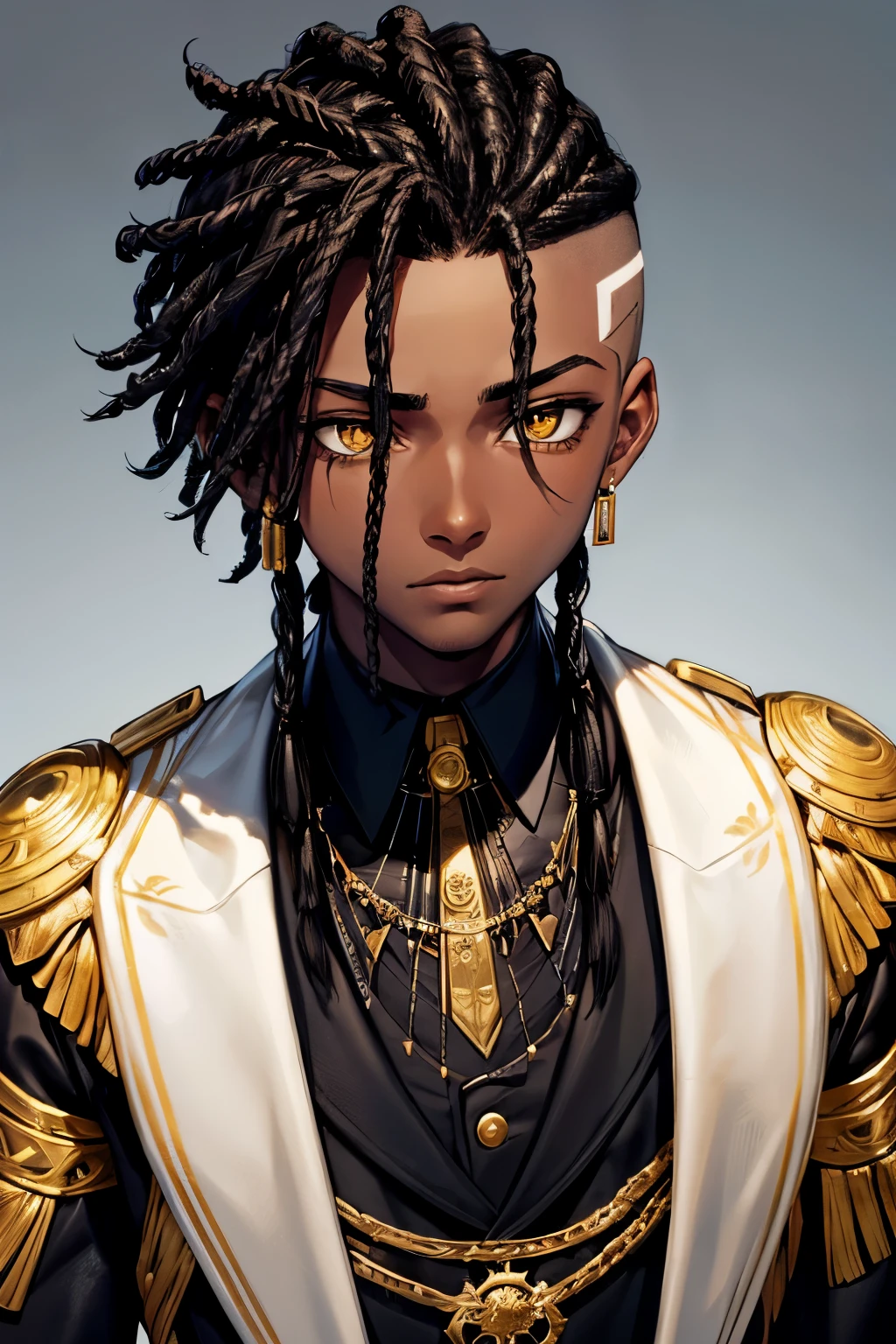 Teenage male with dark skin, dreadlocks, very, very short hair, who wears a black suit and white shirt, and adds gold accessories. Make him very young like a little one and with yellow eyes. Make the hair shorter but with dreadlocks on the top of the head and shaved on the bottom, dark skin, black hair.short hair.