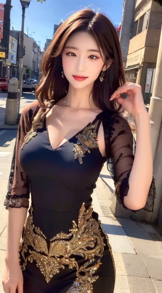 ((highest quality, 8K, masterpiece: 1.3)), 1 girl, smile, whole body, Beautiful woman, (dark brown hair), full length dress :1.1, super detailed face, fine eyes, double eyelid,big breasts, blurred background, city, outside, street,