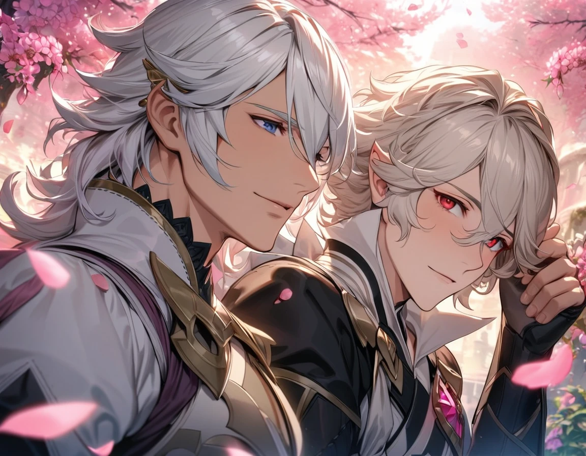 absurdres, highres, ultra detailed, HDR, master piece, best quality, Corrin, short White hair, hair between the eyes, expressive red eyes, Fire emblem fates, Niles, white hair, expressive blue dark eyes, 2men together, gay couple, extremely handsome, pink petals, pink butterflies, pink flowers, pink trees