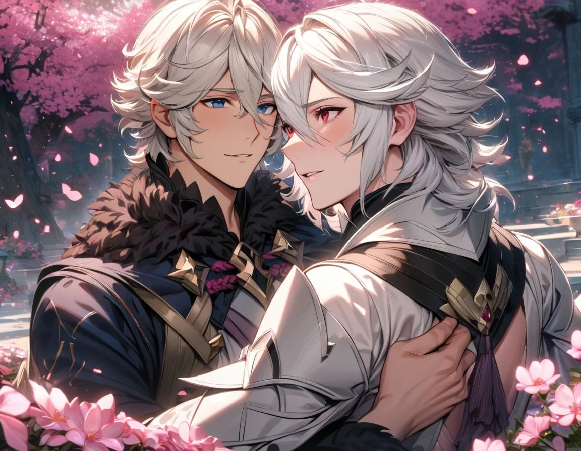 absurdres, highres, ultra detailed, HDR, master piece, best quality, Corrin, short White hair, hair between the eyes, expressive red eyes, Fire emblem fates, Niles, white hair, expressive blue dark eyes, 2men together, gay couple, extremely handsome, pink petals, pink butterflies, pink flowers, pink trees