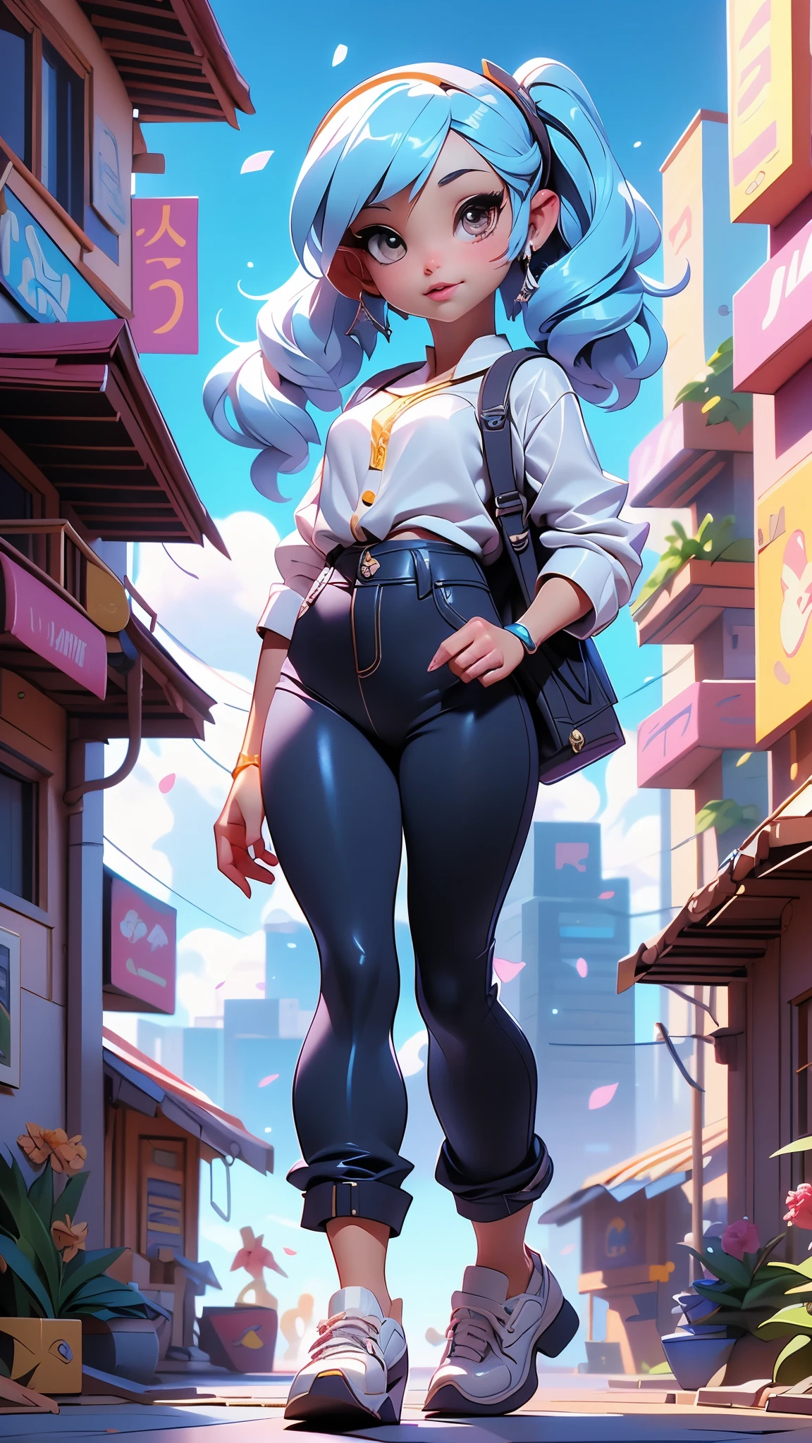 (La mejor calidad,A high resolution,Ultra - detallado,actual),Ariana Grande parada en una calle cerca de un edificio, rossdraws dibujos animados vibrantes, Lois van Baarle y Rossdraws, anime estilizado, Artgerm y Lois van Baarle, Arte digital del anime cyberpunk, obra de arte al estilo de guweiz, fanart de chica urbana, inspired by Jules Chéret, estilo artgerm, (estilo kawaii:1.4 ) , (vestuario colegiala sexy), (solo), (mostrando panties :1.4), manos perfectas: 1.5, (medias blancas brillantes/pantys:1.4),