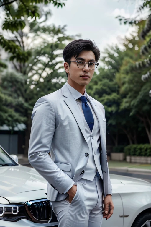(One wears silver-white titanium alloy thin-rimmed glasses、Wearing a full blue striped suit、White shirt、Tie、About 25 years old、Asian man 180cm tall)、best quality、masterpiece、ultra high resolution、(Photo realism:1.4)、original photo、(戶外街道上One wears silver-white titanium alloy thin-rimmed glasses、Wearing a full blue striped suit、White shirt、Tie的年輕英俊的男人、Standing under the red maple tree、Red and big maple leaves、delicate leaves、branch details)、(There is a white BMW car next to the man、Man&#39;s hands on car roof) shadow、octane rendering、8K、Super sharp、realistic light、(There is only one white BMW car on the street、man&#39;s shining eyes、looking in the direction of the camera)、LED、Ultra high quality、High、gentleman、very beautiful hair、bright photos、As handsome as a model、As handsome as an idol,Professional profile photo, Professional portrait photos、Realistic portrait photos, Detailed color portrait, Portrait of an idol, High quality portrait.