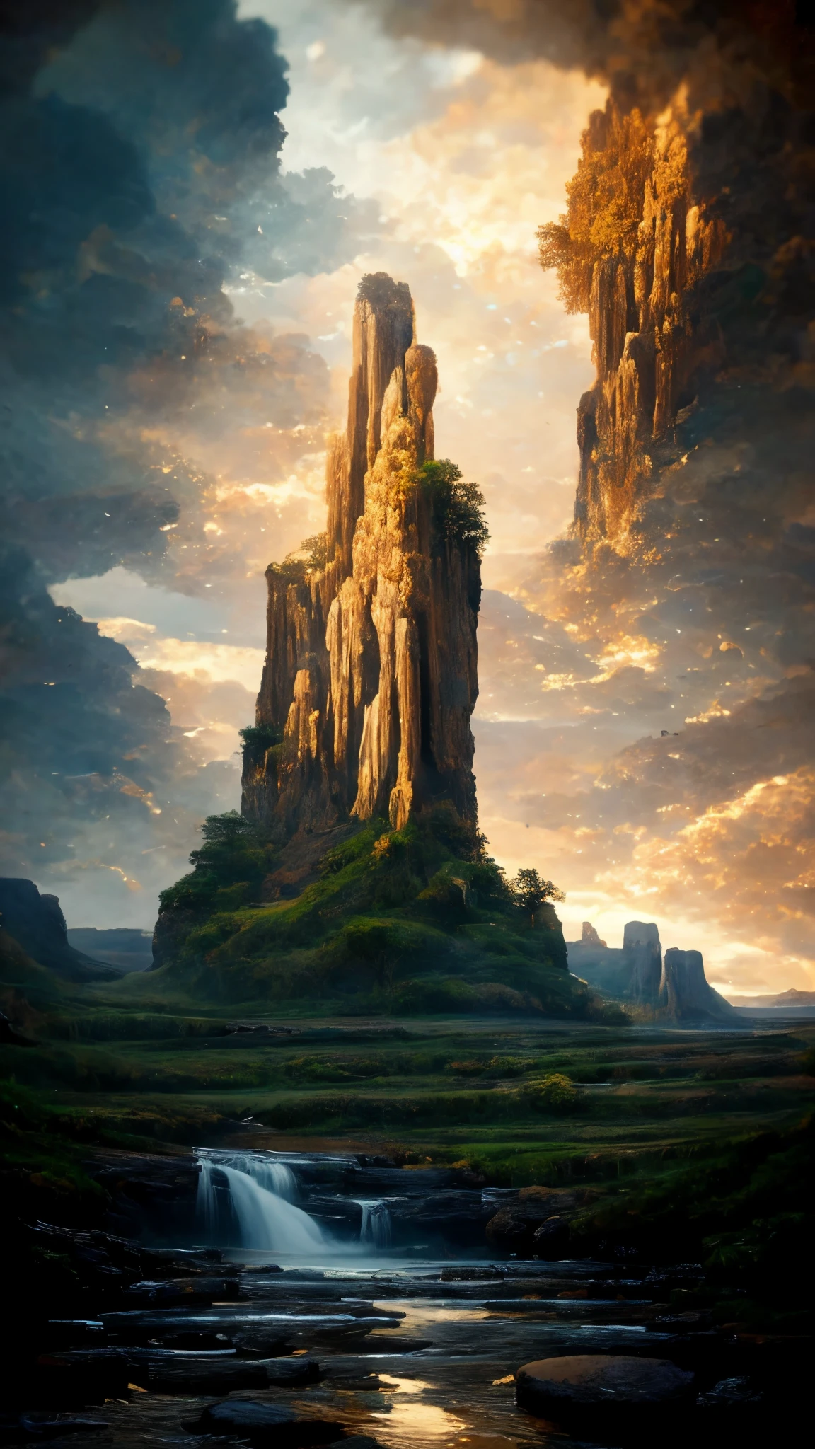 A breathtaking view of a towering cliff overlooking a majestic waterfall, adorned with several arch-shaped stones at the top, captured in a stunning matte painting with an incredible 8K resolution. This vertical wallpaper masterpiece transports you into a world of wonder and awe, where nature's grandeur is beautifully depicted in every brushstroke. Lose yourself in the intricate details of this realistic fantasy rendering, a digital painting meticulously crafted with the highest resolution possible - 8K. The level of detail and depth in this artwork is simply unparalleled, showcasing the skill and talent of the artist, Jessica Rossier. Immerse yourself in the beauty of this 4K rendered matte paint, as every element comes to life with unparalleled realism. Step into a three-dimensional realm where the