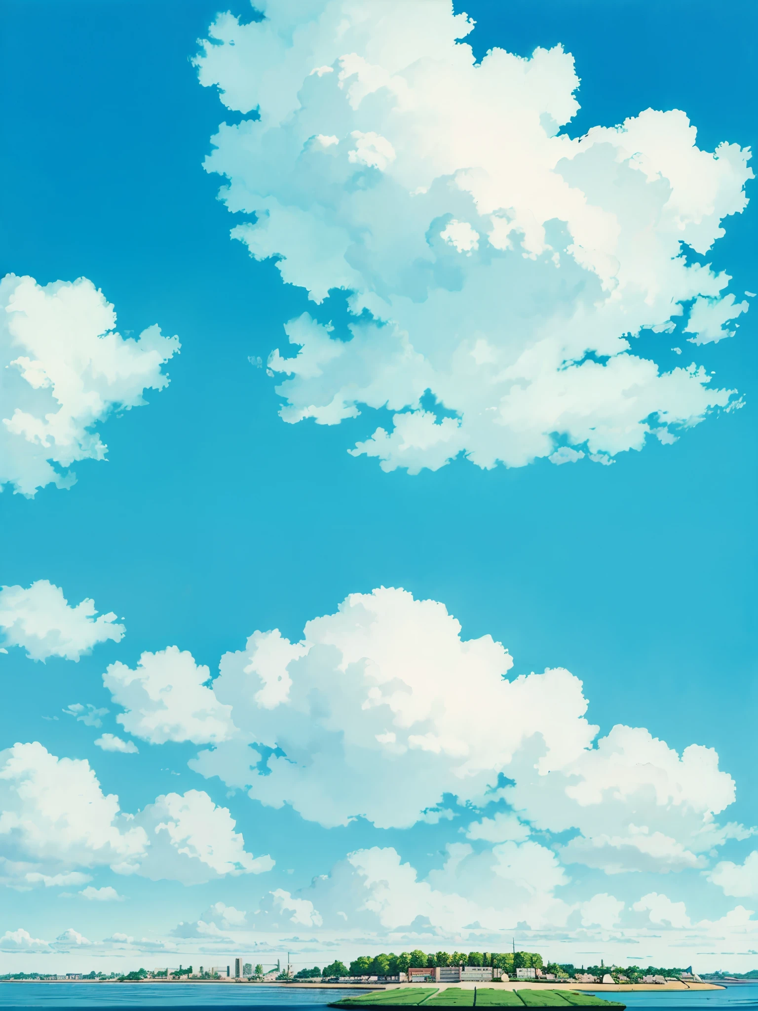 ((ghibli style)),animesque,Skyscape with clouds,Landscape without buildings,You can see the touch of the brush,Studio Ghibli,a sultry,Scenery,sky line