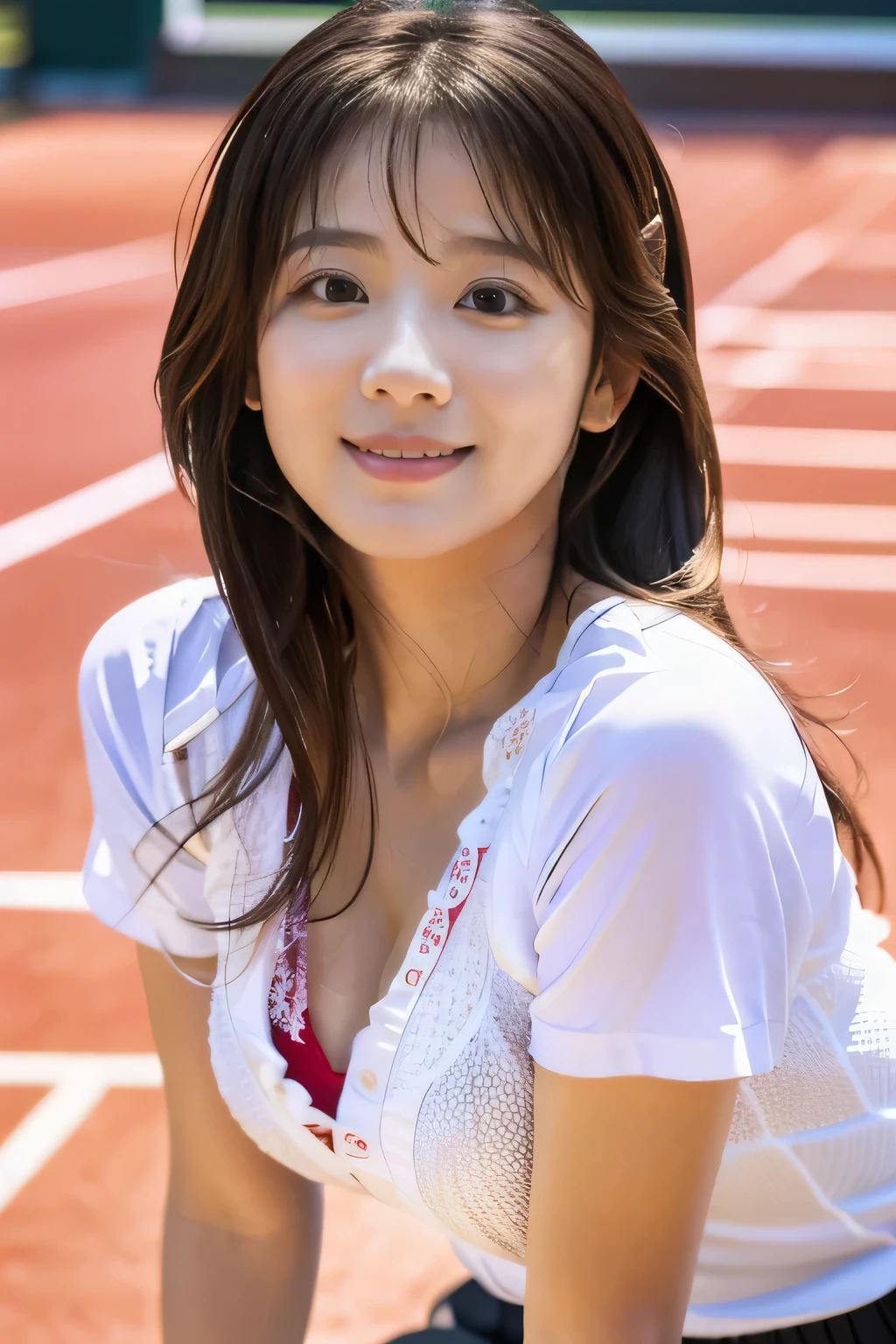 highest quality, masterpiece, ultra high resolution, (realistic:1.4), Raw photo, 15 year old girl, ((leaning forward):1.3), ((From above)), (She is wearing a white tennis shirt and a light pink tennis pleated skirt.), (Very cute face like the most popular Japanese idol, very childish face, ((very beautiful big black eyes)), very beautiful hair, very beautiful skin, very beautiful long eyelashes, very beautiful lips, very beautiful cleavage, innocent smile, dynamic pose, Tennis shirt with attention to detail, detail tennis pleated skirt