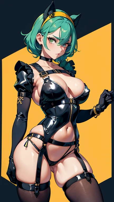 gorgeus girl, olhos verdes profundos amendoados, muscular arms, Ultra HD, retina, obra de arte, Anatomicamente Correto, pele texturizada, detalhes altos, premiado, Melhor qualidade, 8k, alto,( holster, gun holster, bondage gear, armwear, legwear, Choker, black gloves, elbow sleeves, yellow headband, pantyhose, harness, belt with pounches,), shirtless, bottomless, shaved pussy, large perfect breasts, wide hips, thick thighs, naked, clothless,
