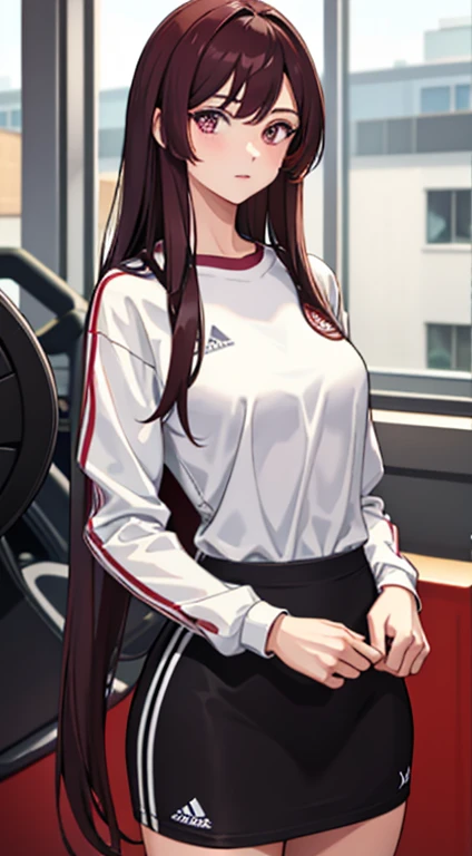 A hot female student with dark maroon long hair and maroon eyes in outlined gym clothes in the wilderness
