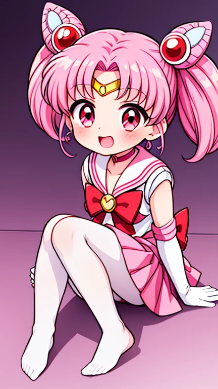 sailor moon,childhood,Young,Seven years old,Cute little ,Pink hair twintails,red eyes,short hair,Sailor suit,bow tie,White elbow gloves,red skirt,sitting,no shoes,Open your mouth,laughing out loud,white pantyhose