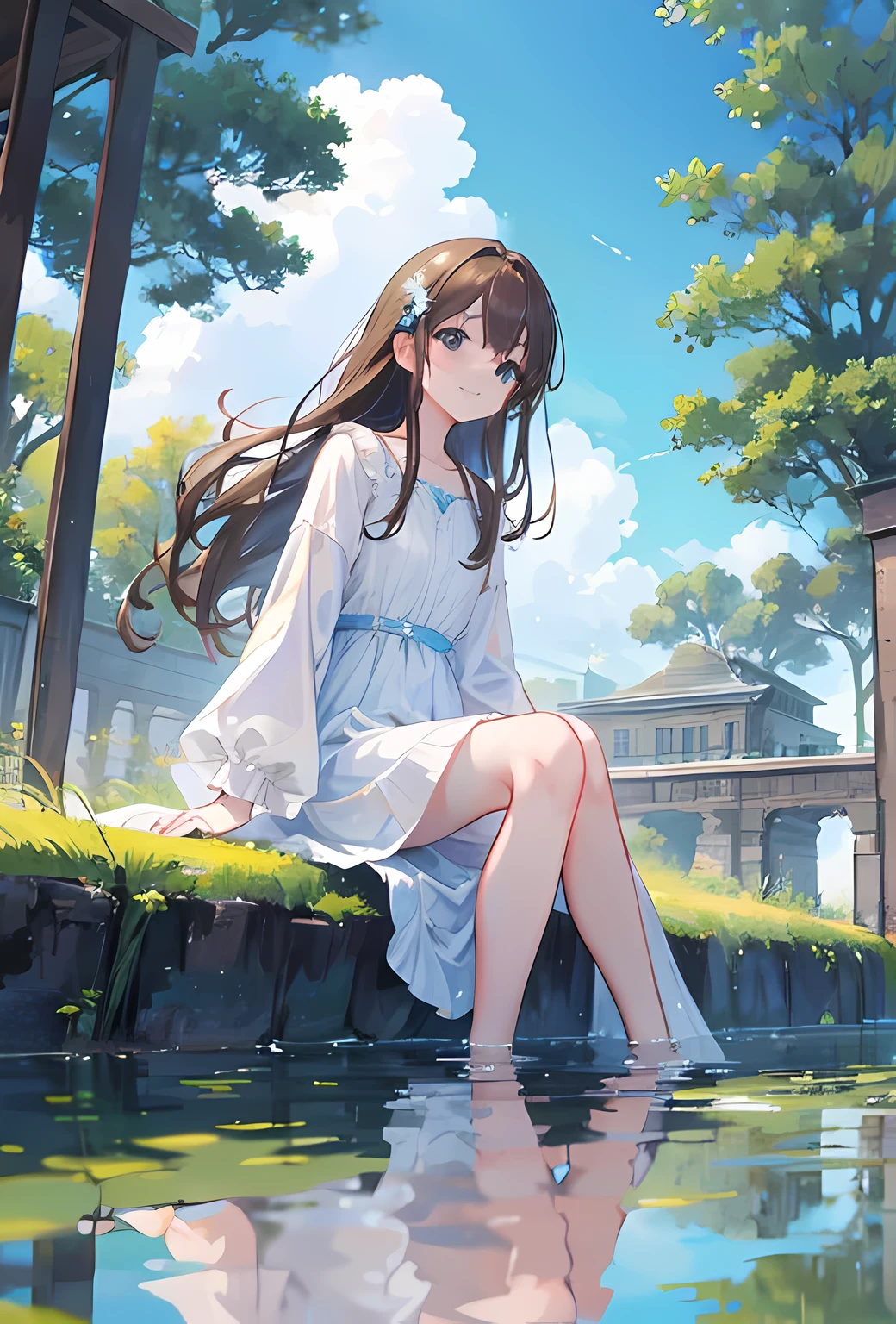 photorealistic scenery, an extremely delicate and beautiful girl, looking up to the sky, realistic eyes, smiling, long brown hair, blue eyes, white dress, sitting, trees, no humans, clear blue sky, cloud, outdoors, reflection, building, water, daylight, blurry, summer, shadow, scenery, 8k wallpaper, detailed face depiction, masterpiece, Cinematic Lighting, best quality, Illustration