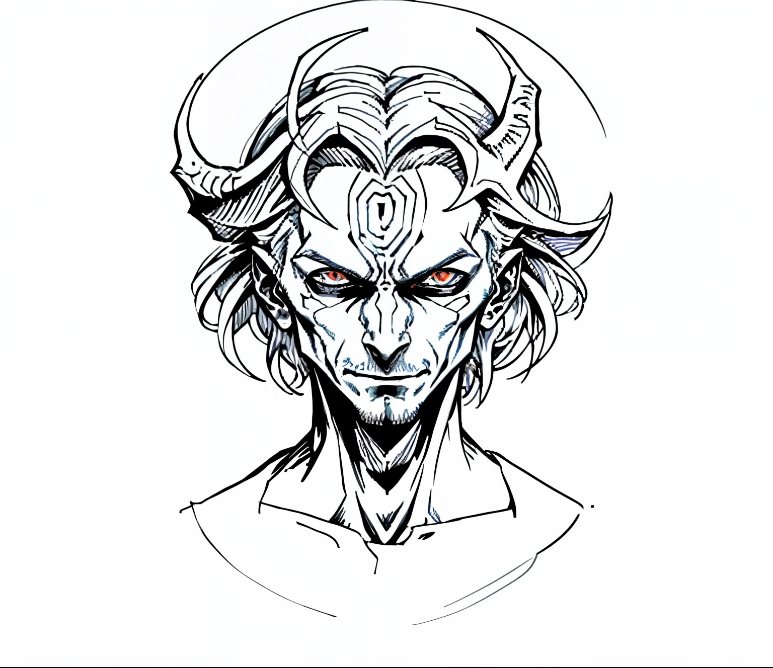 a drawing of a demon head with horns and nose, face of a pale alien cultist, simple arte linear, human male demon, male djinn man demon hybrid, demon boy, arte de linha intensa, estilo de arte desconhecido, half-human demon portrait, sketchy art style, um, a demon-like creature, um, a demon-like creature, humanoid form, arte linear