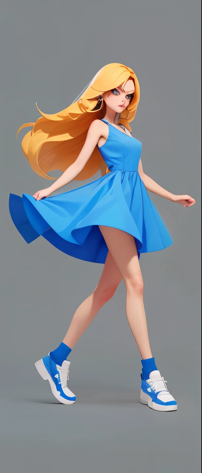 Close up of woman in blue dress and sneakers,angry expression，Swing your arms，