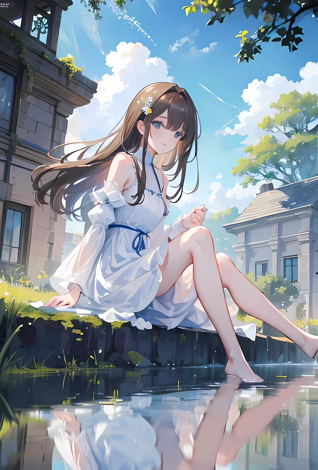 photorealistic scenery, an extremely delicate and beautiful girl, looking up to the sky, realistic eyes, smiling, long brown hair, blue eyes, white dress, sitting, trees, no humans, clear blue sky, cloud, outdoors, reflection, building, water, daylight, blurry, summer, shadow, scenery, 8k wallpaper, detailed face depiction, masterpiece, Cinematic Lighting, best quality, Illustration