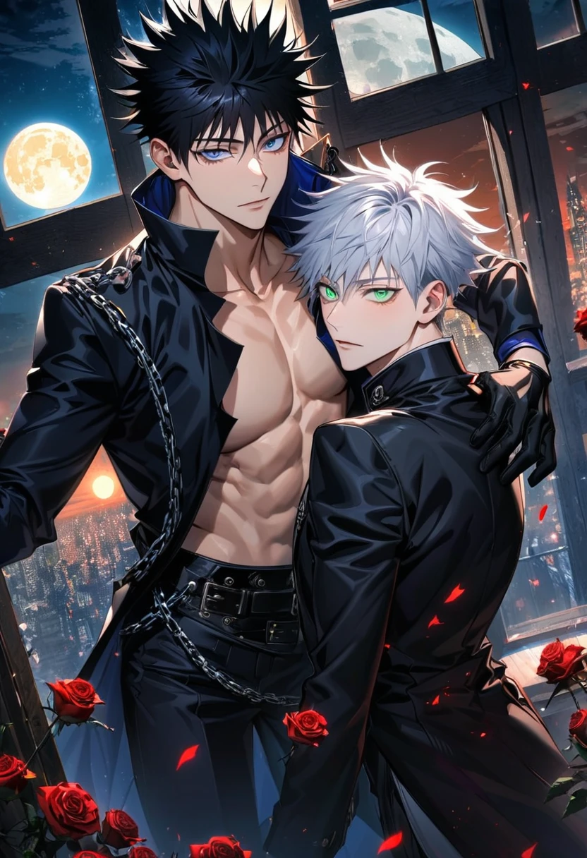 Ultra detailed, Highres, absurdres, HDR, white hair with bangs, Gojou Satoru, blue eyes, black gloves, Fushiguro Megumi, black hair, green eyes, black long coat, bare chest, prince cool clothes, 2 man together, gay couple, moon, window, roses, handsome, jujutsu kaisen, chains