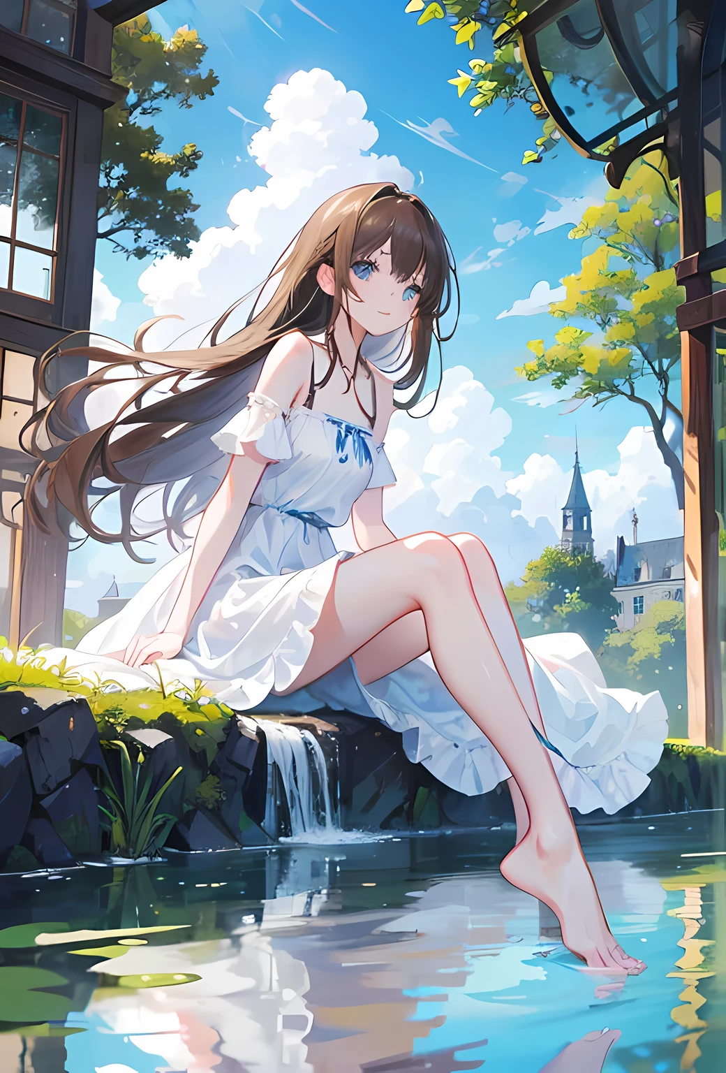(8k, masterpiece, high quality), 1 girl, delicate skin, delicate eyes, real touch, background blur, off-the-shoulder, medium, pretty, printed dress, deep V, split to thighs, gorgeous colors, thin clothes, (wet), delicate figure prominent, sexy, leaking, mysterious and elegant, walking in the garden, (medium photo), necklace, earrings, jewelry, upper body,