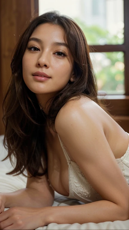 dark brown hair、light brown eyes、Japanese actress face、 lady、wearing a white hijab, I am about 20 years old.、(intricate details:1.2)、(which one is the top?:1.4)、 (ultra high resolution:1.2)、ultra high resolution、(finely tuned)、(detailed facial features)、8K resolution、plump breasts、long curly hair、Starry Sky Window、luxurious space、relax、full body photo、head to toe shot、beautiful feet、tight cloth、brown shirt, beautiful feet、dimly lit bedroom、she, extreme details, very detailed, realistic, obscene pose, diagonally from below、raise your chin、Relaxed expression(auraroid photo:1.2)、8K、32k、highest quality、(Details of both eyes)、elegant、lie down、Side sleeping position、(Low - Angle、I look up and see this:1.2)、look at the camera、smile、