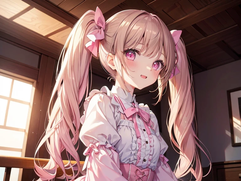 table top, highest quality, (perfect face:1.1), (high detail:1.1), (very detailed目), dramatic, Ultra-fine illustration, very detailed,1 girl, teenager,(pale skin), Happy, smile, enjoy,open your mouth,glow eye,brown hair, (long twin tails),mysterious eyes, pink eyes,blush, alone,swollen lips,cinematic lighting,Upper body,look up,Learn positively,lolita clothes, pink and white,frills, ribbon, long sleeve,knee high socks, indoor,living room,night