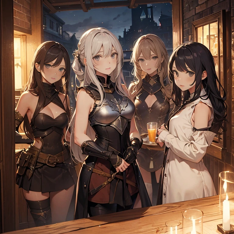 A group of  female medieval fantasy adventurers, (in tavern), various hair styles, harem, night, details face, seducing, sleeveless, armor 