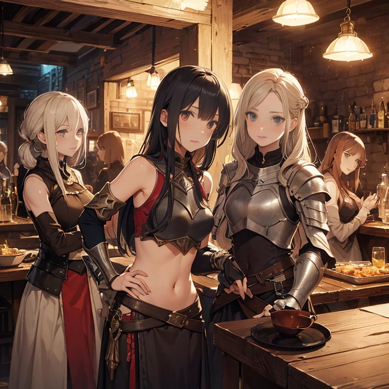 A group of female medieval fantasy adventurers, (in tavern), various hair styles, harem, night, details face, seducing, sleeveless, armor