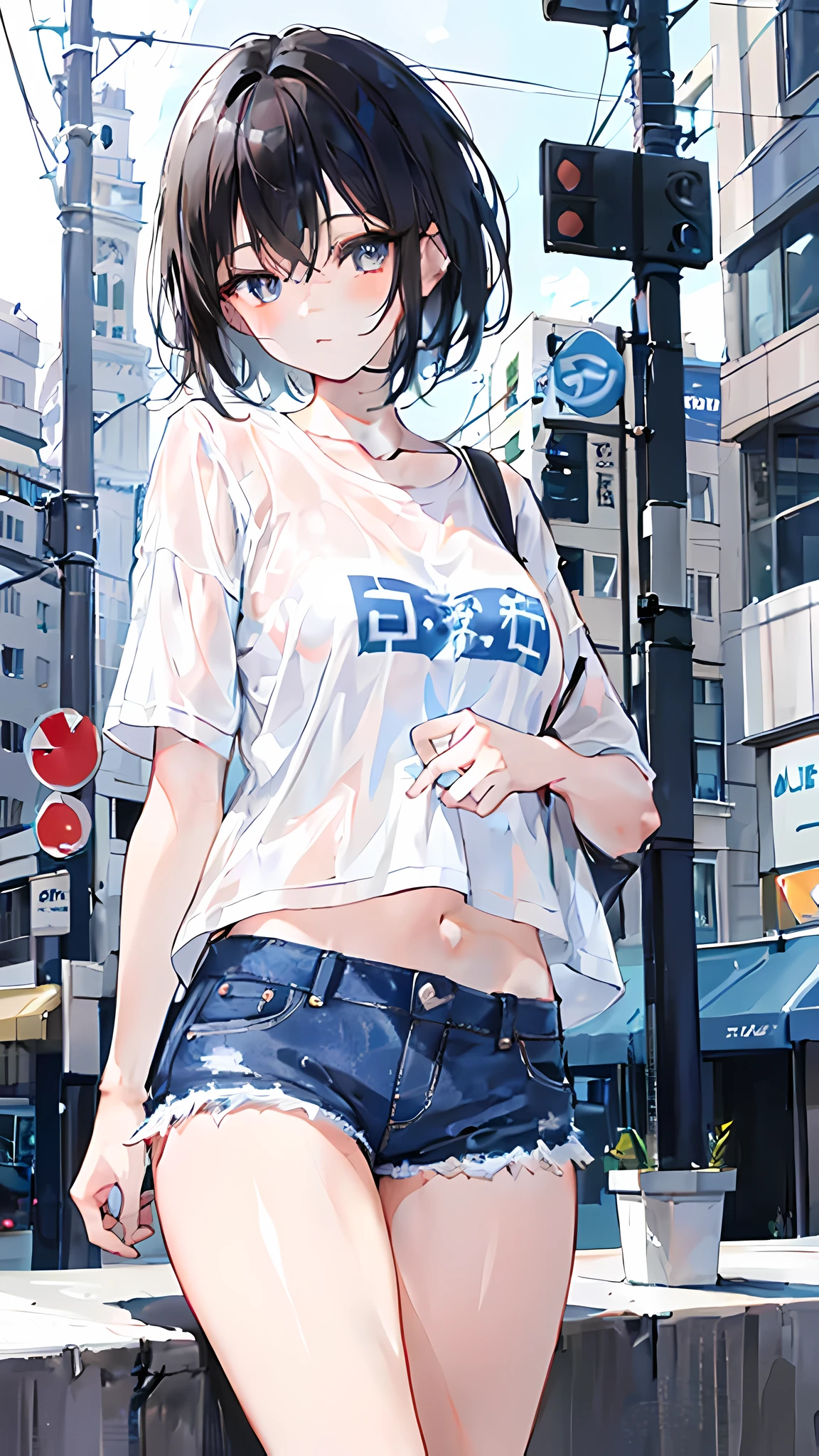 1girl, short black hair, blue eyes, wearing plain white shirt, denim shorts, city, absurdres, high res, ultrasharp, 8K, masterpiece, looking at viewer
