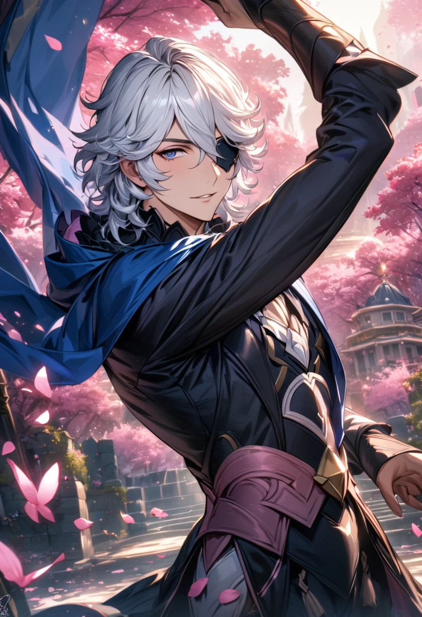 absurdres, highres, ultra detailed, HDR, master piece, best quality, Niles, white hair, expressivedark blue eyes, black eye patch, Fire Emblem Fates, 1man, extremely handsome, blue cape, black clothes, pink petals, pink butterflies, pink flowers, pink trees