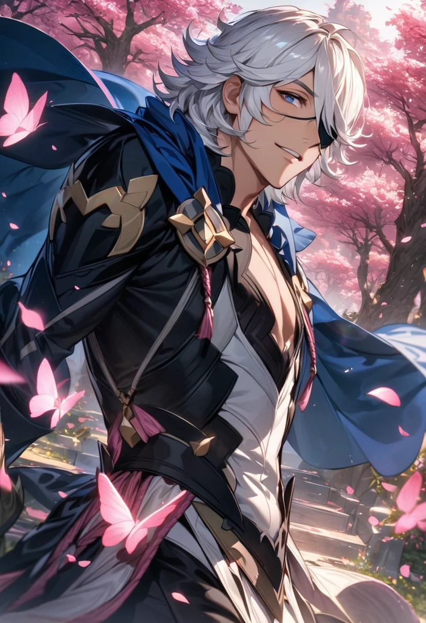 absurdres, highres, ultra detailed, HDR, master piece, best quality, Niles, white hair, expressivedark blue eyes, black eye patch, Fire Emblem Fates, 1man, extremely handsome, blue cape, black clothes, pink petals, pink butterflies, pink flowers, pink trees