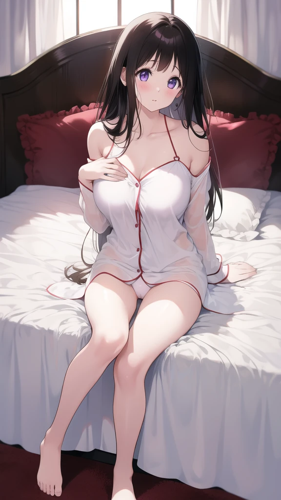 Stunning Chitanda, There is only one beautiful girl,purple eyes, black hair, Naturally straight hair, straight bangs,extremely refined,lips open,flowing long hair,Peerless beautiful girl, dreamlike,Slim,soft, (Sensual), (kawaii), Dream quality,White loose pajamas,no underwear,soak,on the bed,sitting,Hold the pillow,big breasts,bare shoulders,Clavicle exposed,bare neck,Bare thighs,Exposing the groin,camel toe,bare legs,barefoot,extremely shy,ultra high resolution, (masterpiece:1.2, best quality), (Exquisite and beautiful eyes: 1.2), (Beautiful and delicate face)