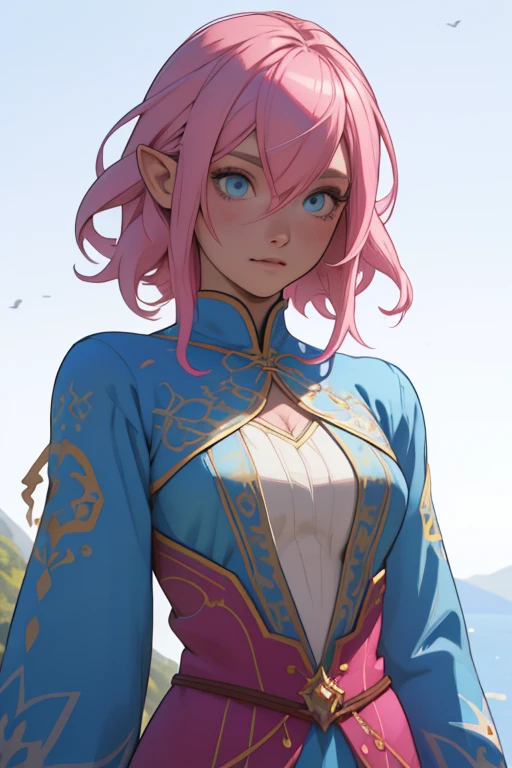There is a drawing of a woman with pink hair and a blue dress, desenho colorido, reference art, Lineart colorido, fanart detalhado, arte conceitual colorida, Estilo de Arte Artgerm, onze, Elfo Anime Girl, Estilo elfo, apenas uma
