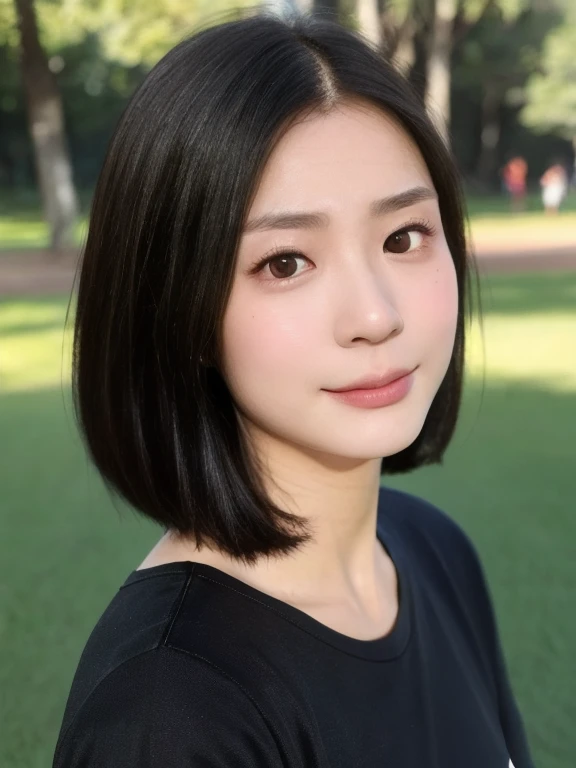 (kawaii 24 year-old Japanese girl, Nogizaka idol, Korean idol), healthy female athlete body, (glossy black hair, very short hair, symmetric hair length, even hair length:1.3), (forehead), messy hair edge, (rounded face, black eyes, single eyelid, no makeup, soft smiling:1.2), (wearing over-sized t-shirt, skinny jeans:1.3), flat chest, extra small breasts, (looking at viewer:1.2), BREAK, (turf in the park background:1.3), (dynamic angle:1.3), face focus, BREAK, (masterpiece, best quality, photo realistic, official art:1.4), (UHD, 8K quality wallpaper, high resolution, raw photo, golden ratio:1.2), (shiny skin), professional lighting, physically based rendering, award winning, (perfect anatomy, highly detailed skin, extremely detailed face and eyes), Carl Zeiss 85 mm F/1.4, depth of field, 1girl, solo,