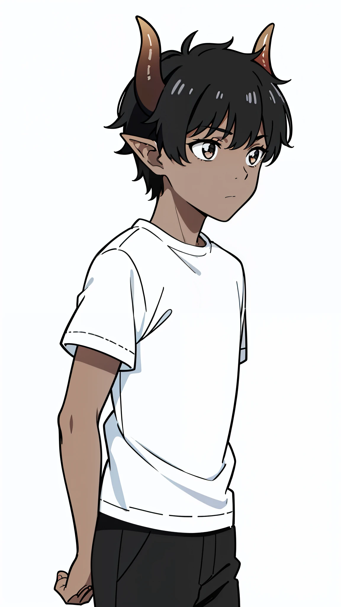 (1boy,,solo),((dark skin)),((white shirt,short sleeves,black shorts)),Short hair,black hair,elf ears,(horns),(white background,line drawing),(from back),dirty