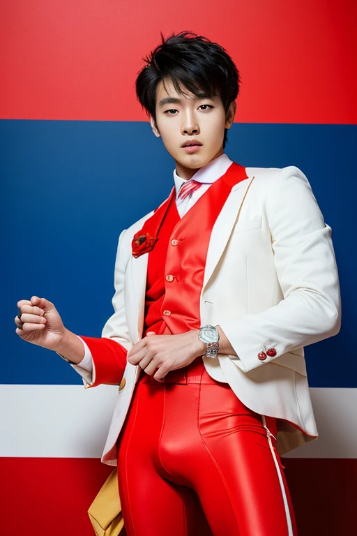 ((highest quality)), ((masterpiece)), (be familiar with), One perfect face, Korean,
When I was 25,male,Please wear a red shirt,
Sharp look,serious,cool,Handsome guy,frontを向いている,front,single eyelid,very handsome,Too cool,Please put on your glasseasculine face, soft lighting, Stocky body,,short pantasterpiece, highest quality, 8K UHD, Digital single-lens reflex camera, film grain, Fujifilm XT3 The Art of Realistic Painting,dandy,gentleman,Doing athletics