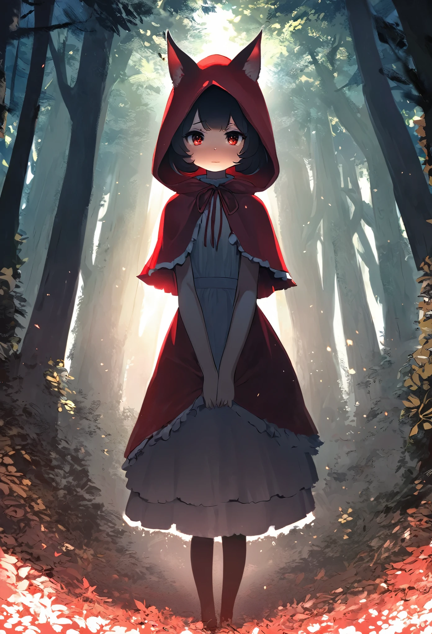 cover page, top quality, best quality, High-quality illustrations, masterpiece, absurdres, perfect anatomy(1girl, solo, furry, kemono)Red Riding Hood, forest, looking at Viewer, It's really a horrible Grimm fairy tale., good lighting, cinematic shadow,