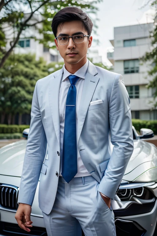 (One wears silver-white titanium alloy thin-rimmed glasses、Wearing a full light blue striped suit、White shirt、Tie、About 25 years old、Japanese men with a height of 180 cm)、best quality、masterpiece、ultra high resolution、(Photo realism:1.4)、original photo、(戶外街道上One wears silver-white titanium alloy thin-rimmed glasses、Wearing a full light blue striped suit、White shirt、Tie的年輕英俊的日本男人、Standing under the red maple tree、Red and big maple leaves、delicate leaves、branch details)、(There is a white BMW car next to the man、Man's hands on car roof) shadow、octane rendering、8K、Super sharp、realistic light、(There is only one white BMW car on the street、man's shining eyes、looking in the direction of the camera)、LED、Ultra high quality、High、gentleman、very beautiful hair、bright photos、As handsome as a model、As handsome as an idol,Professional profile photo, Professional portrait photos、Realistic portrait photos, Detailed color portrait, Portrait of an idol, High quality portrait.