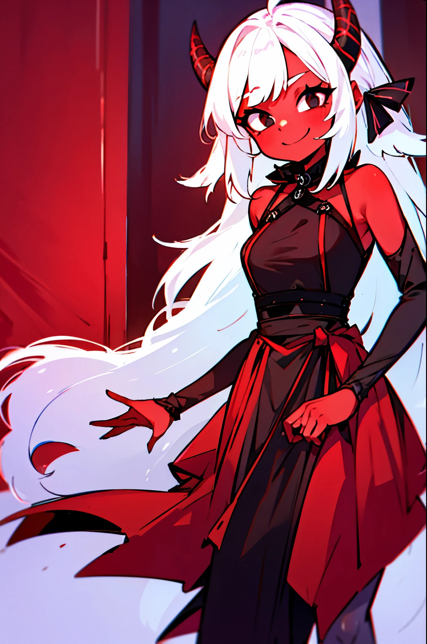 demon girl, white hair, adorable, black eyes, smile, wearing a dress, red skin, shy, horns