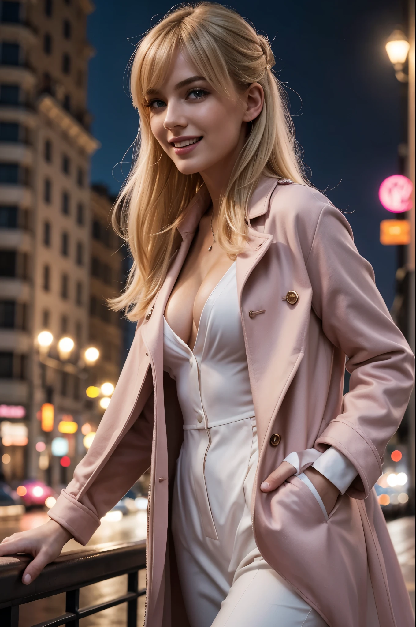 masterpiece, best quality, extremely detailed, hyperrealistic, photorealistic, a beautiful 20s french model, cityscape, in the midnight:1.1, dynamic pose, pink coat:1.2, shirt, ultra detailed face, with bangs, blonde hair, pale skin, busty breasts, laughing