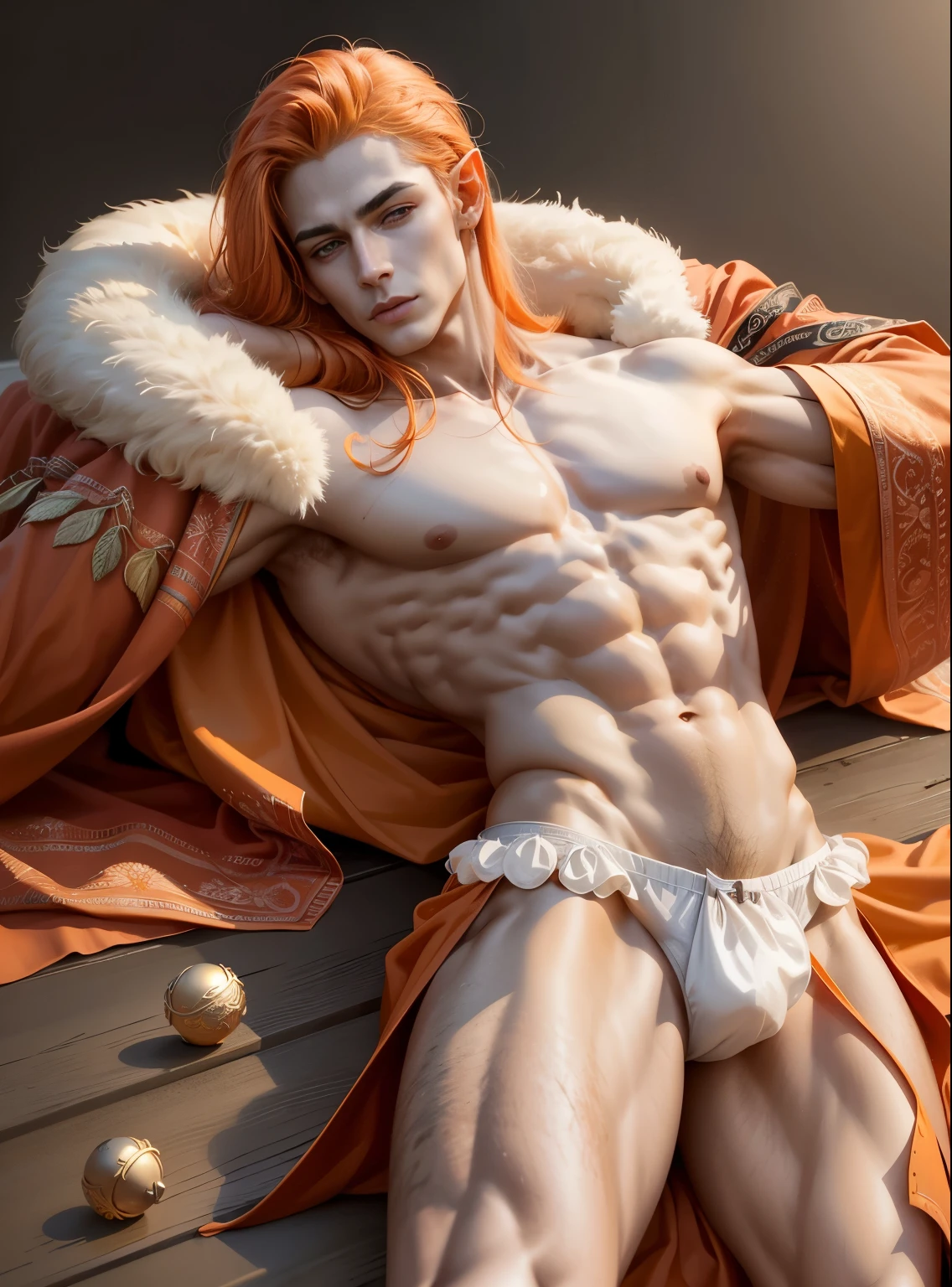 (hyper-realistic digital illustration), (rosto perfeito:1.1), (Alto detalhe:1.1) um elfo extremamente bonito usando um fio dental micro laranja, mago com longas vestes vermelhas, barbeado, vista frontal, deitado de costas, segurando as pernas levantadas, athletic body, (pale skin), peito nu, peito achatado,(cabelo longo laranja desalinhado ), serene expression, cintura pequena, muscular. Melhor qualidade, high resolution